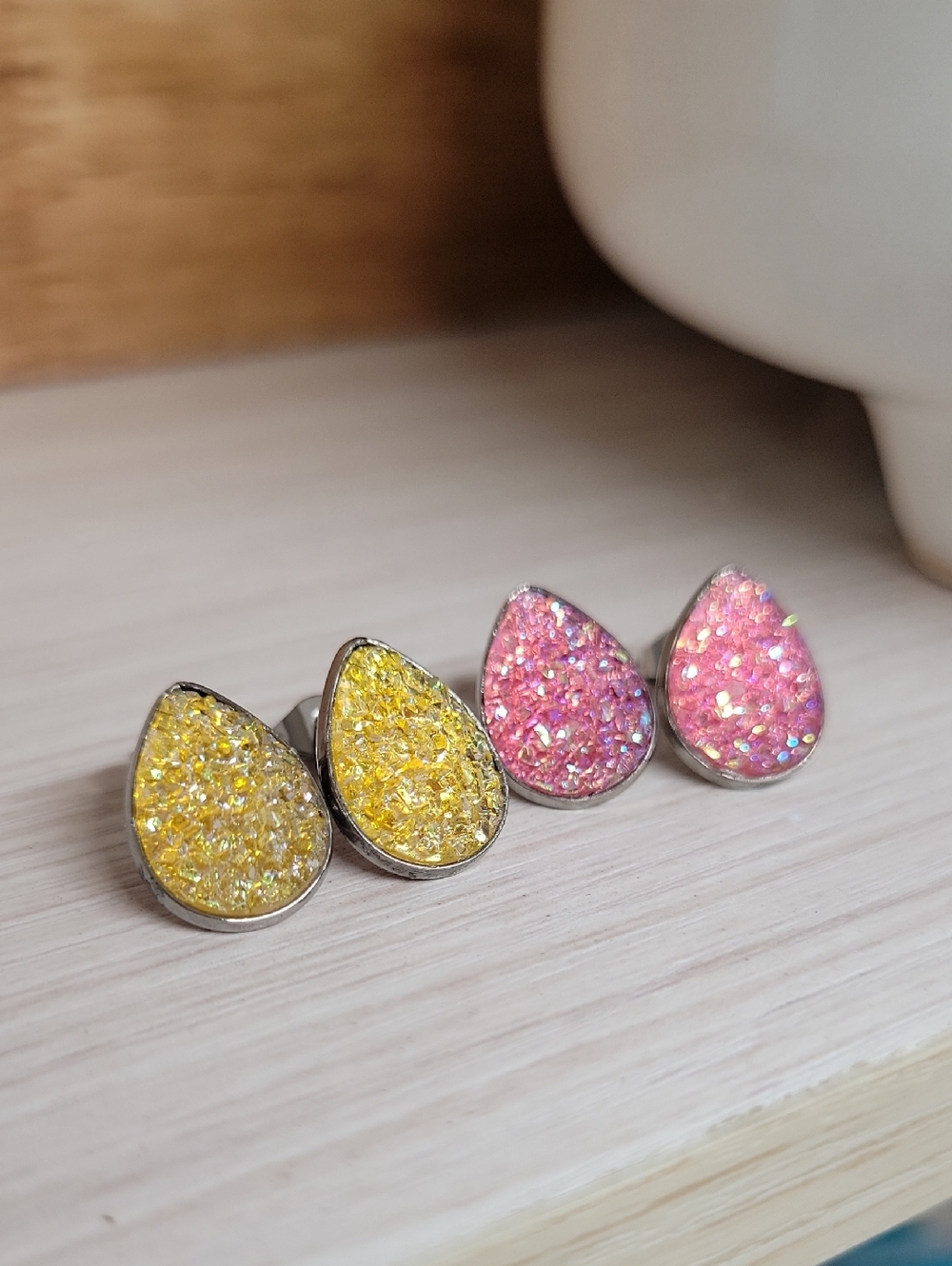 Set Of Druzy Teardrop Stud Earrings - Pink And Yellow